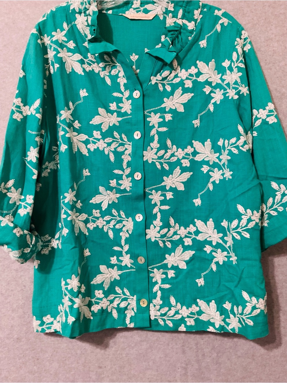 Soft Surroundings Women Green Floral Button-Front Blouse SZ L - Picture 4 of 13